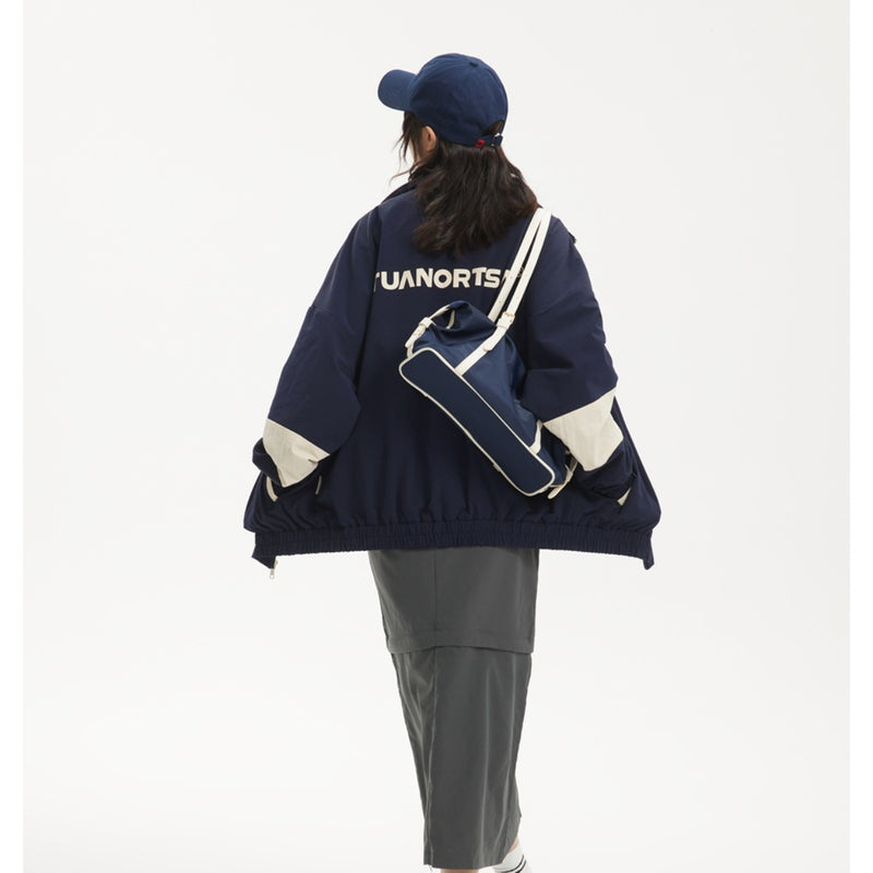 Unisex Jacket Vintage Colorblock Hood Coat Loose Sports Top