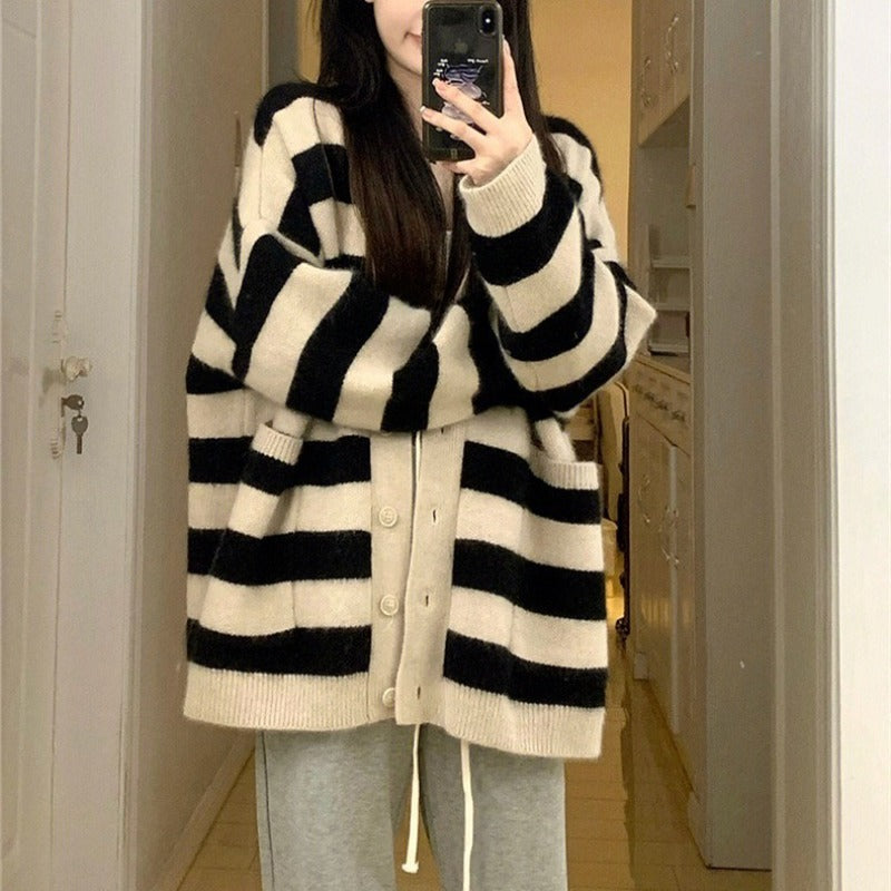 Women Knitwear Autumn and Winter Striped V-neck Sweater Coat Knitted Cardigan