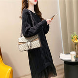 Women Knitwear Autumn and Winter Long Lace Stitching Sweaters Dress