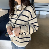 Women Knitwear Autumn Winter Retro Lapel Knitted Cardigan Loose Striped Sweater Coat