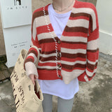 Women Knitwear Spring and Autumn Vintage Stripe V-neck Knitted Cardigan