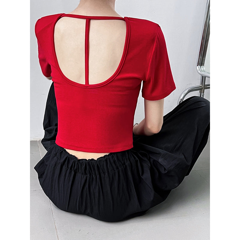 Women T Shirt Back Hollow-out Shoulder Short Sleeve T-shirt Slim Fit Short Bottoming Top