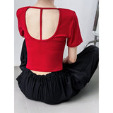 Women T Shirt Back Hollow-out Shoulder Short Sleeve T-shirt Slim Fit Short Bottoming Top