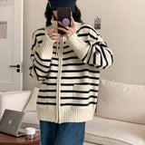 Women Knitted Cardigan Stand Collar Double Zipper Striped Knitted Cardigan