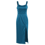 Women Dress Red Elegant Square Collar Satin Sexy Slit Dress 2