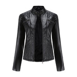Red Leather Jacket Casual Leather Clothing Stand Collar Jacket Solid Color Women's Leather Jacket
