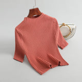 Women Knitted T-shirt Short Slim-Fit Knitted Top