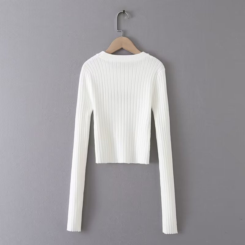 Women Sweater Knitwear Spring round Neck Letter Vertical Stripes Short Slim Bottoming Sweater Sweater