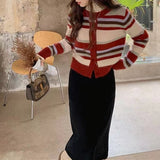 Women Knitwear Autumn and Winter Striped round Neck Sweater Slim-Fit Knitted Cardigan