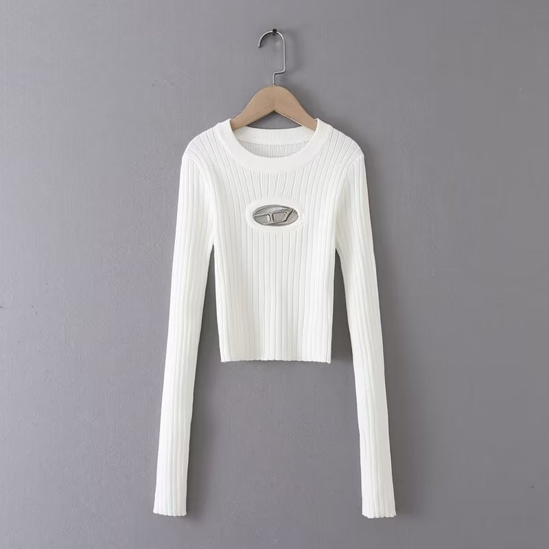 Women Sweater Knitwear Spring round Neck Letter Vertical Stripes Short Slim Bottoming Sweater Sweater