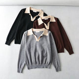 Women Sweater Knitwear Polo Collar Contrast Color Knitwear Women's Autumn Winter Retro Casual Loose Pullover Top Lapel Sweater