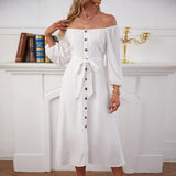 Women Dress Single Breasted Split Long Sleeve Mid-Length Dress