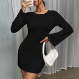 Women Dress Sexy Backless round-Neck Flared Sleeves Hip Skirt