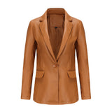 Red Leather Jacket Long-Sleeved Coat Women's Single Button Casual Solid Color Leather Coat
