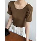 Women T Shirt Back Hollow-out Shoulder Short Sleeve T-shirt Slim Fit Short Bottoming Top