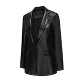 Red Leather Jacket Long-Sleeved Coat Women's Single Button Casual Solid Color Leather Coat