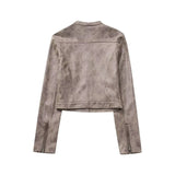 Women Jacket Vintage Distressed Jacket Slim Stand Collar Faux Deerskin Motorcycle Jacket