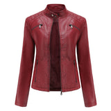 Red Leather Jacket Casual Leather Clothing Stand Collar Jacket Solid Color Women's Leather Jacket