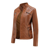 Red Leather Jacket Casual Leather Clothing Stand Collar Jacket Solid Color Women's Leather Jacket