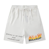 Men Shorts Hiphop Vintage Flame Print Sports Shorts