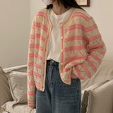 Women Knitwear Autumn Striped round Neck Sweater Loose Knitted Cardigan