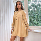 Women Dress Loose Single-Breasted round Neck Long Sleeve Girl's Dress Dress