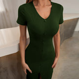 Women Dress Sexy Slim Fit Slit Knitted Midi Dress