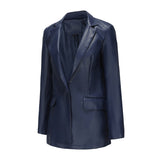 Red Leather Jacket Long-Sleeved Coat Women's Single Button Casual Solid Color Leather Coat