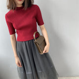 Women Knitted T-shirt Short Slim-Fit Knitted Top