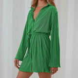 Women Dress Green V-neck Spring Lace-up Dress Short Skirt