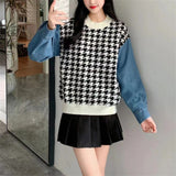 Women Knitwear Fall Winter Cowboy Sleeve Houndstooth round Neck Sweater Loose Style Sweater