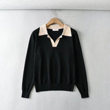 Women Sweater Knitwear Polo Collar Contrast Color Knitwear Women's Autumn Winter Retro Casual Loose Pullover Top Lapel Sweater