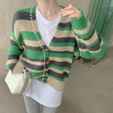 Women Knitwear Spring and Autumn Vintage Stripe V-neck Knitted Cardigan