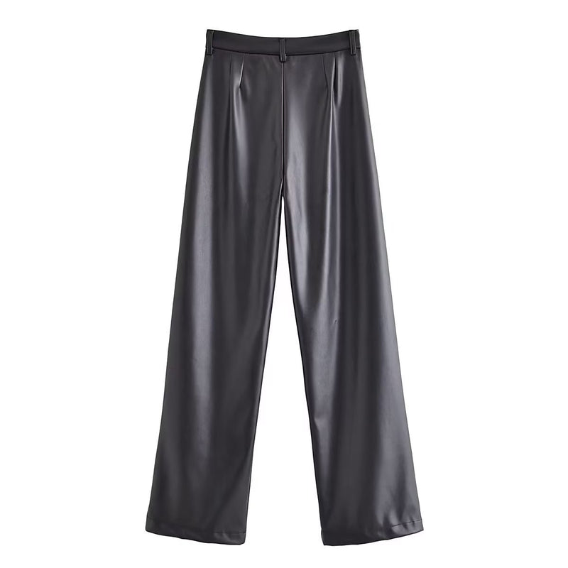Women Sweatpants Autumn Straight Wide-Leg Pants PU Trousers