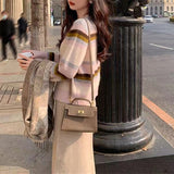 Women Knitwear Autumn and Winter Striped round Neck Sweater Slim-Fit Knitted Cardigan