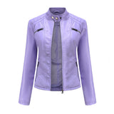 Red Leather Jacket Casual Leather Clothing Stand Collar Jacket Solid Color Women's Leather Jacket