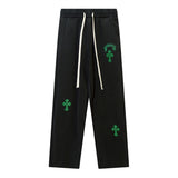 Men Sweatpants Embroidered Cross Casual Trousers Loose Straight Sports Trousers with an Elasticated Waist