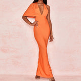 Harlem Night Attire Exposed Back V-neck Orange Single Sleeve Slit Evening Dress Dress