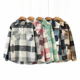 Women Jacket Fall Lapels Long Sleeve Cardigan Loose Plaid Shirt Coat