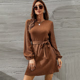 Women Dress Long Sleeve Twist Knitted Dress Puff Sleeve Casual Skirt