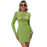 Women Dress Spring and Summer Leisure Hollow Sheath Short Long Sleeve Dress