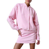 Women Trench Coat Autumn and Winter Stand Collar Long Sleeve Plaid Two-Piece Set Loose Casual Jacket