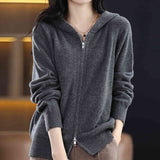 Women Knitwear Fall Winter Hooded Double Zipper Sweaters Cardigan