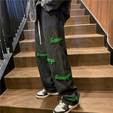 Men Jeans Flocking Embroidered Jeans Men's Spring and Autumn Loose Straight-Leg Wide-Leg Pants