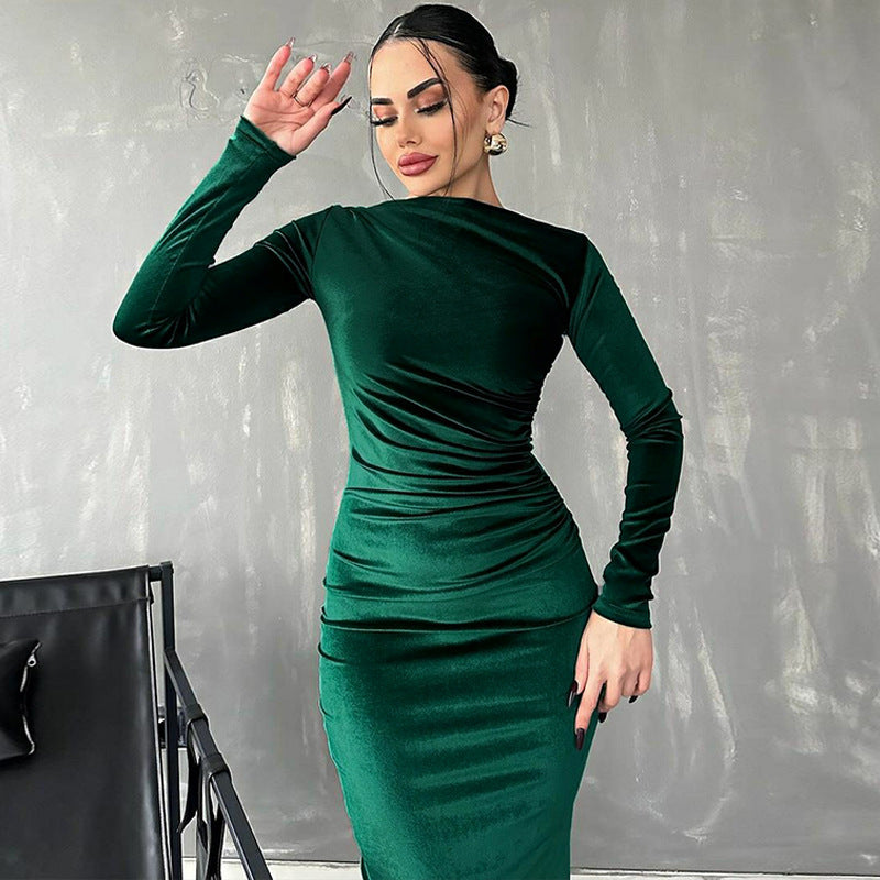Women Dresses Spring Slim-Fitting round-Neck Long-Sleeved Dress