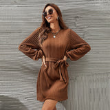 Women Dress Long Sleeve Twist Knitted Dress Puff Sleeve Casual Skirt