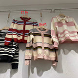 Women Knitwear Autumn and Winter Striped round Neck Sweater Slim-Fit Knitted Cardigan