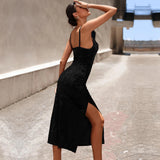 Women Dress Fall/Winter Slim Velvet Spaghetti Straps Dress Slit Midi Skirt