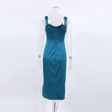 Women Dress Red Elegant Square Collar Satin Sexy Slit Dress 2