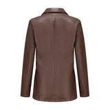 Red Leather Jacket Long-Sleeved Coat Women's Single Button Casual Solid Color Leather Coat